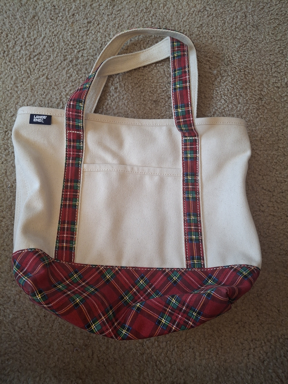 Lands' End Cream Canvas Tote with Red Plaid Lining